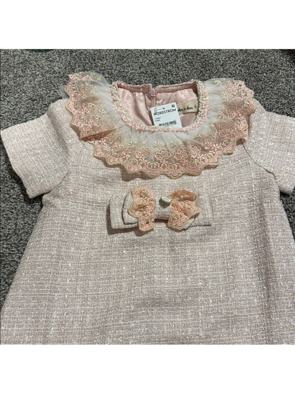 Pink tweed  Dress with Bow and Ruffled Collar - Picture 4 of 5